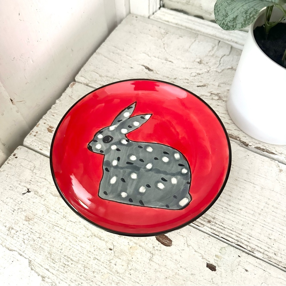 3/$22🩶 West Elm Bunny Rabbit Red Plate 6.25” Handpainted Polka Dot Animal Salad